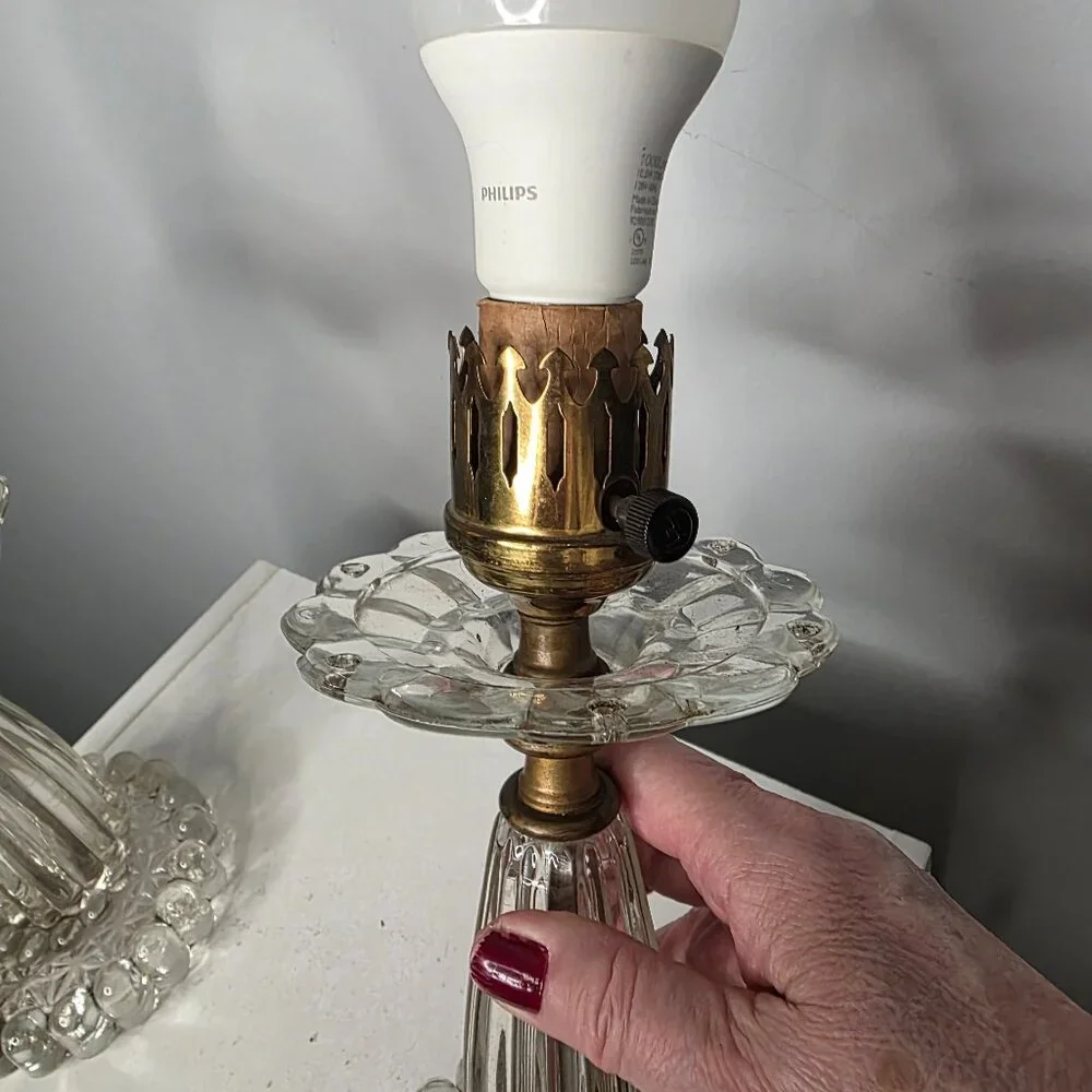 Vintage Boudoir Set of Two Clear Glass Table Lamps